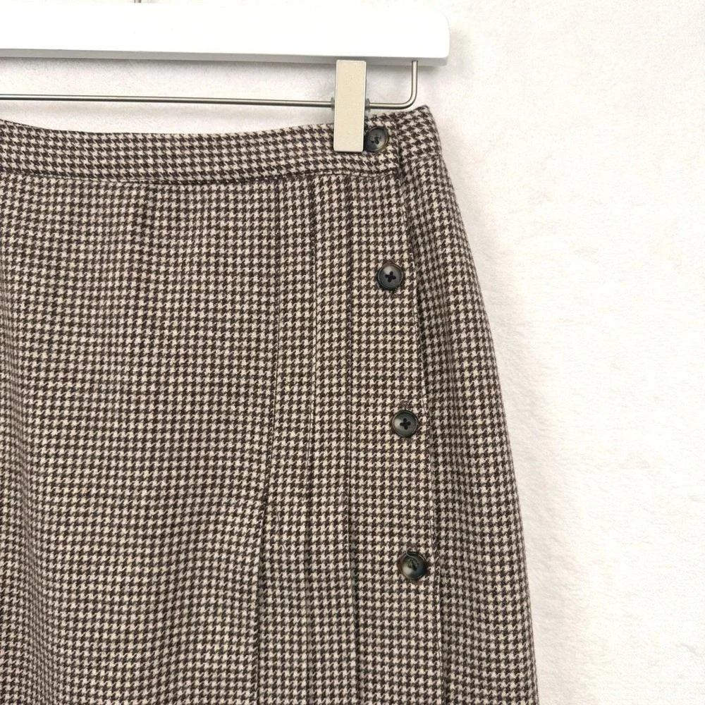 VTG 70s Houndstooth‎ Wool Blend Heavyweight Pleated Midi Skirt Brown Sz XS